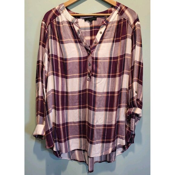 Jane & Delancey Purple Plaid Roll Tab Sleeve 1/4 Button Relaxed Fit Tunic Top 2X - Picture 1 of 9